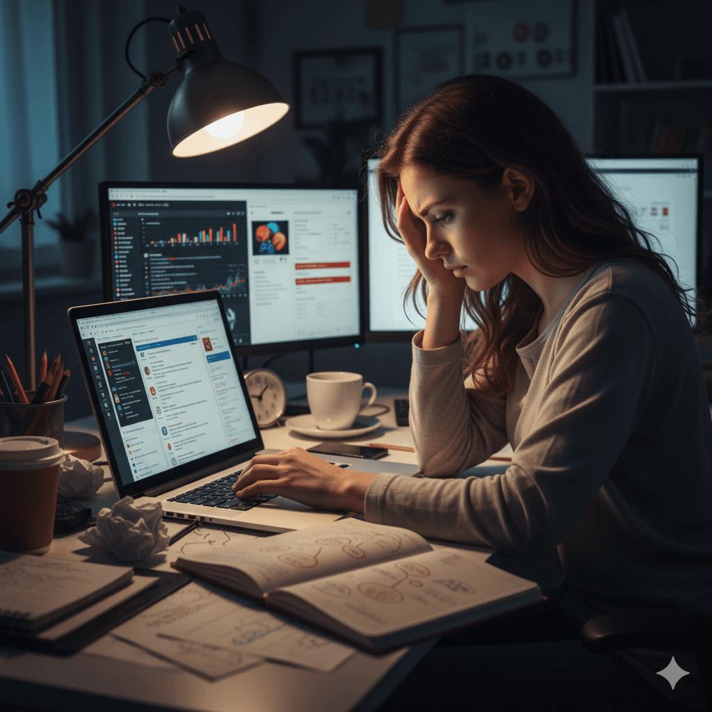 Person working late struggling with DIY content creation